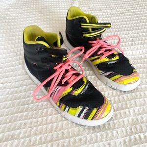 Reebok black neon pink and neon yellow high top sneakers 80s size 8